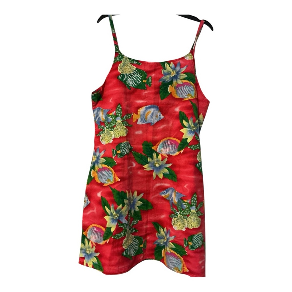 Huguette Creation Tahiti Red Tropical Floral Fish Print Cotton Sundress S-M AA44 - Picture 3 of 6